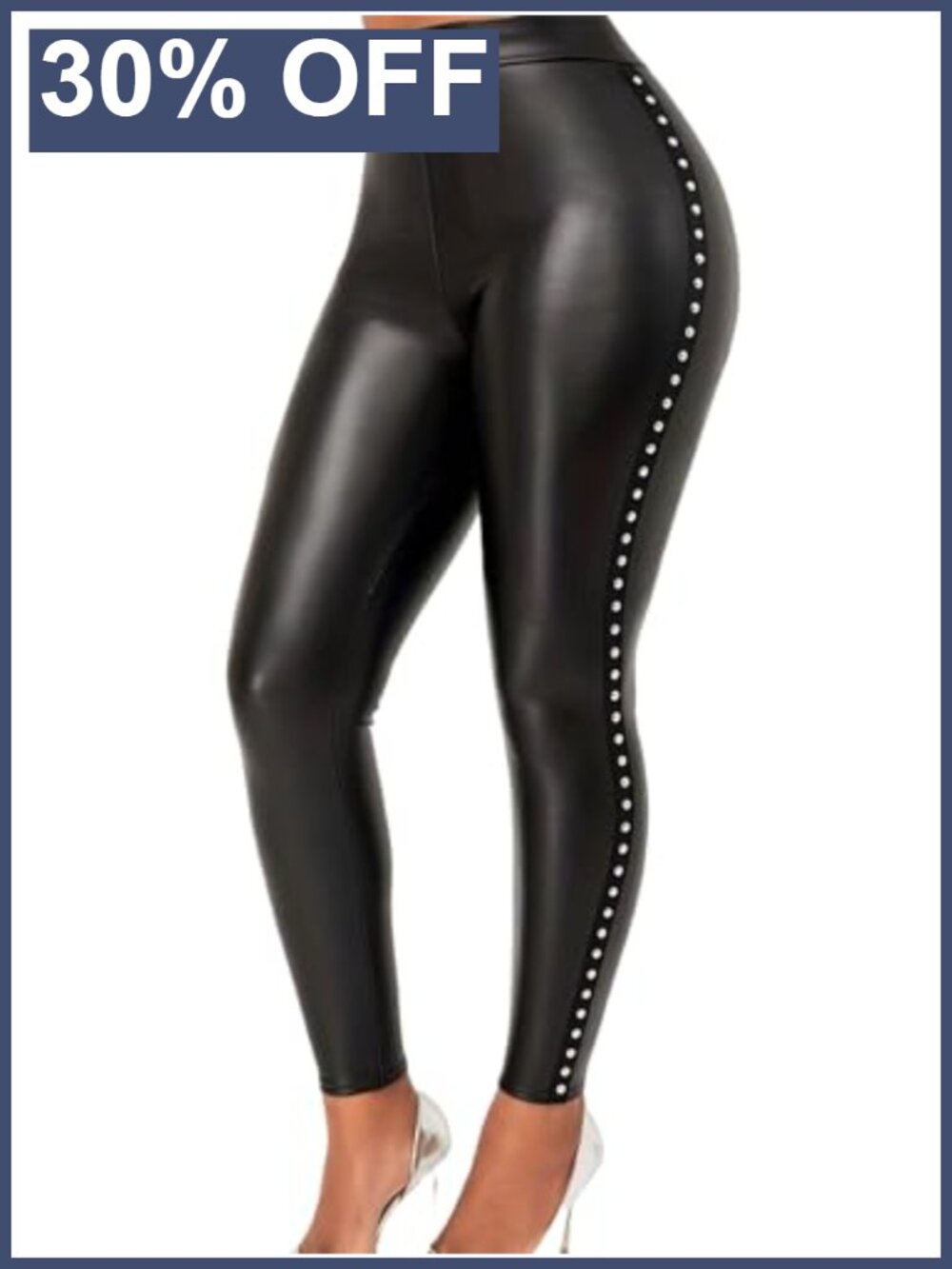 Faux Leather Leggings High Waisted Skinny Pearl Rivet Women